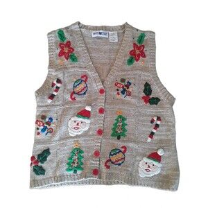 Women Winter Embroidered Cardigan Ornament Sensory Trim Ugly Sweater L Nostalgic